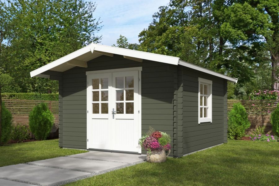 Blokhut Floor 350x350 cm + luifel 70 cm 40 mm vuren groengrijs-wit geverfd