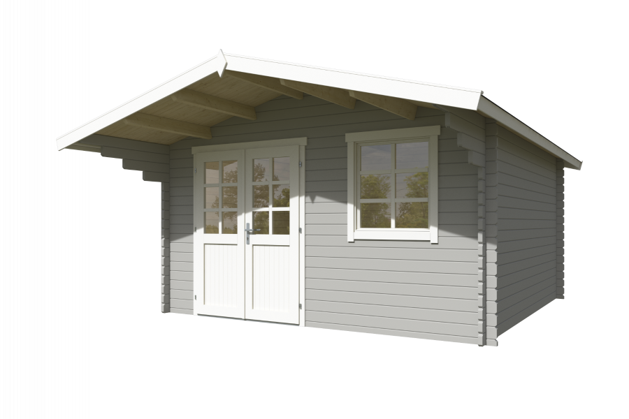 Blokhut Floor 410x410 cm + luifel 130 cm 40 mm vuren lichtgrijs-wit geverfd