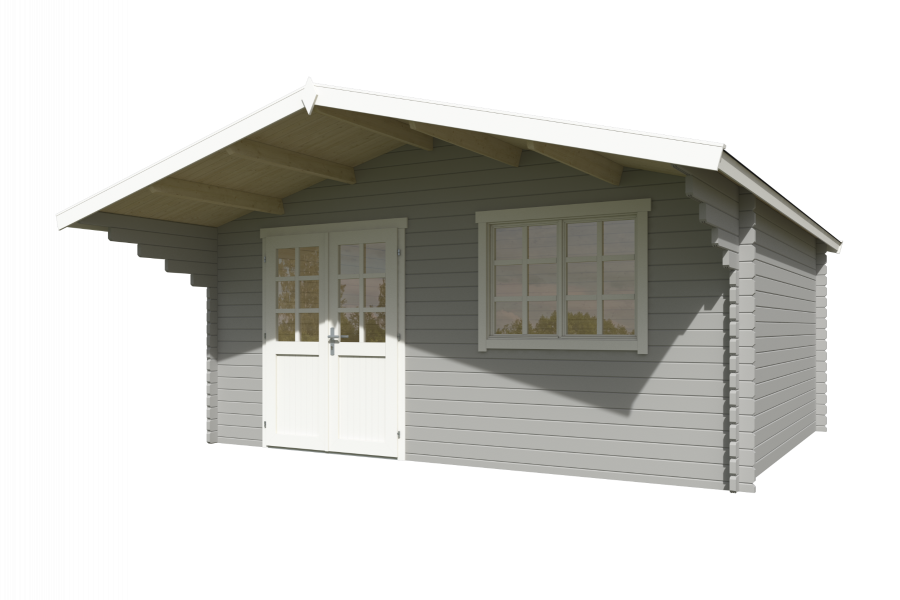 Blokhut Floor 505x410 cm + luifel 150 cm 40 mm vuren lichtgrijs-wit geverfd