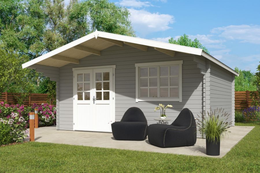 Blokhut Floor 505x445 cm + luifel 130 cm 40 mm vuren lichtgrijs-wit geverfd