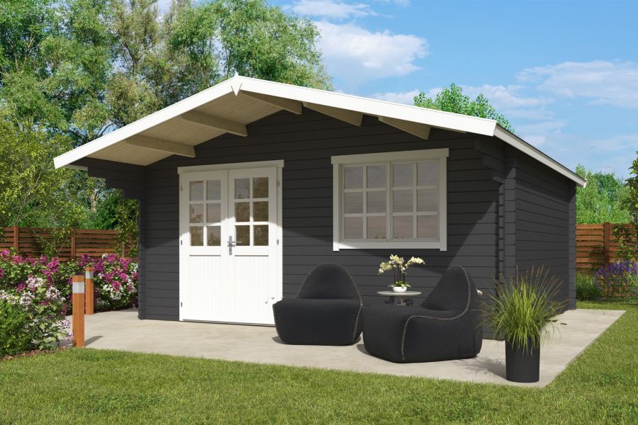 Blokhut Floor 505x445 cm + luifel 130 cm 40 mm vuren donkergrijs-wit geverfd