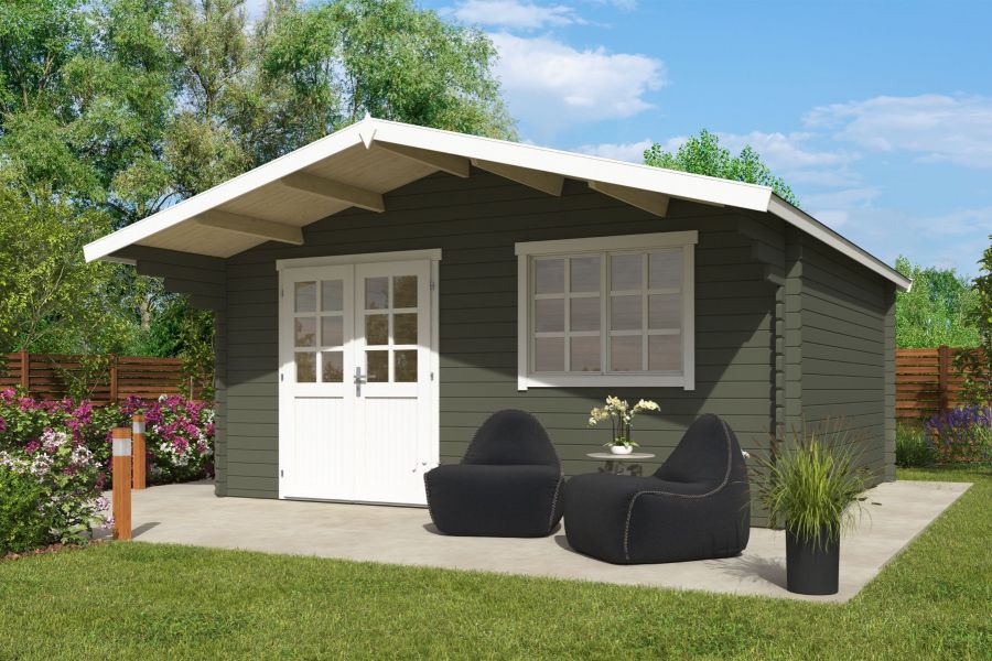 Blokhut Floor 505x445 cm + luifel 130 cm 40 mm vuren groengrijs-wit geverfd