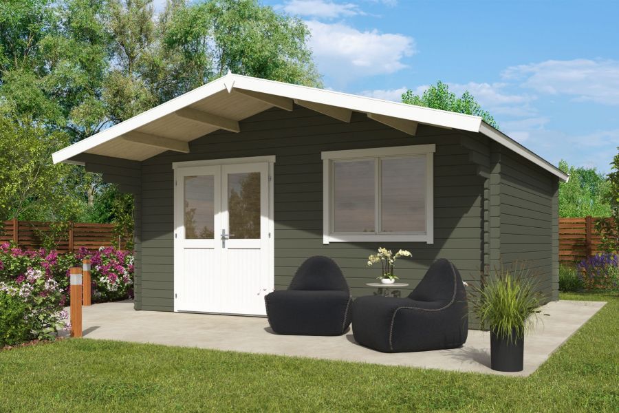 Blokhut Floor 505x445 cm + luifel 130 cm 40 mm vuren groengrijs-wit geverfd