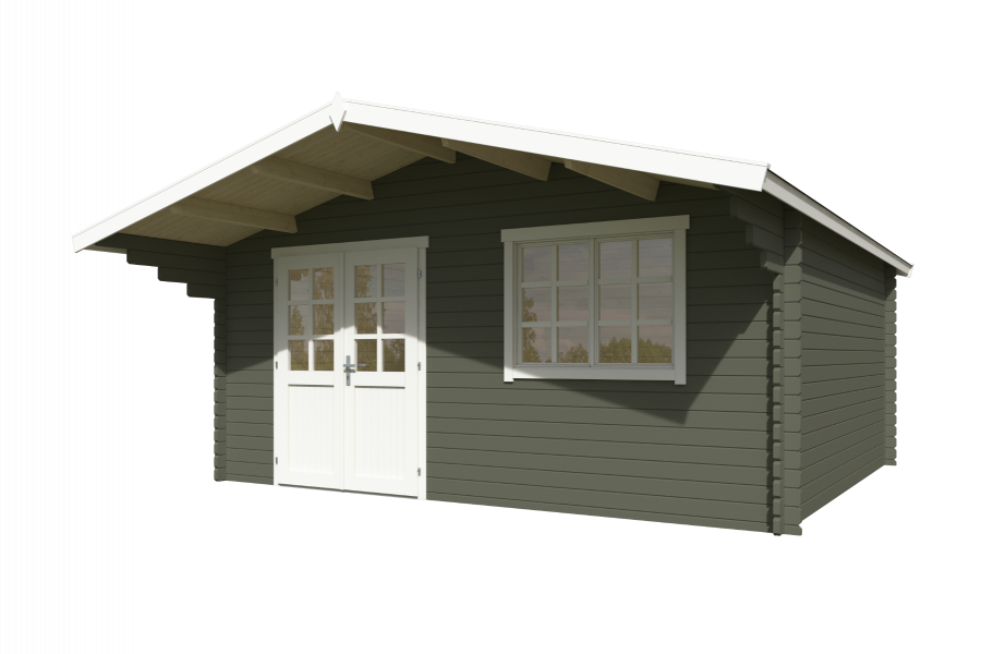 Blokhut Floor 505x445 cm + luifel 130 cm 40 mm vuren groengrijs-wit geverfd