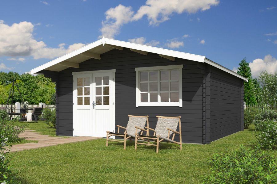 Blokhut Floor 505x505 cm + luifel 90 cm 40 mm vuren donkergrijs-wit geverfd