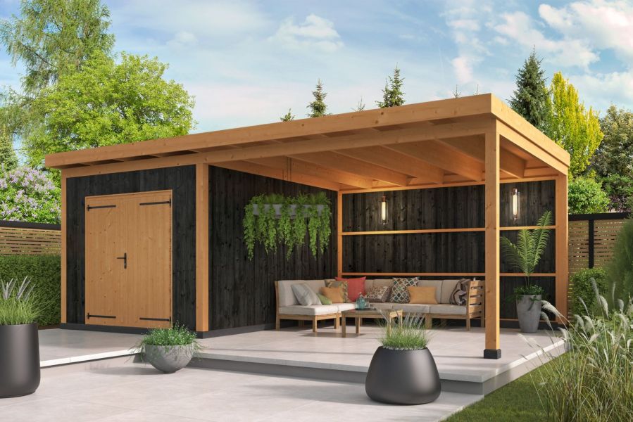 Berging Hellendoorn 700x400 cm incl. dubbele deur - verticale wanden zwart geïmpregneerd - Bouwpakket