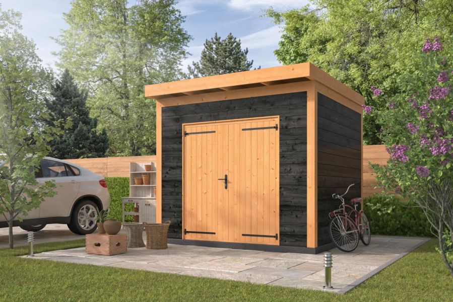 Berging Almelo 300x300 cm incl. dubbele deur, horizontale wanden zwart geïmpregneerd - Bouwpakket