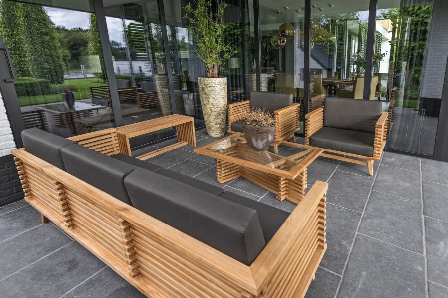 Tuindeco Riverside loungeset 5-delig onbehandeld, geschaafd teak, incl. antraciet kussens