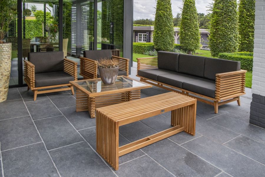 Tuindeco Riverside loungeset 5-delig onbehandeld, geschaafd teak, incl. antraciet kussens