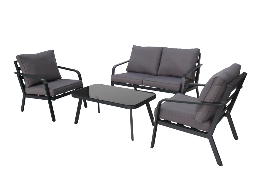 Tuindeco Dominica loungeset 4-delig zwart aluminium met antraciet kussens