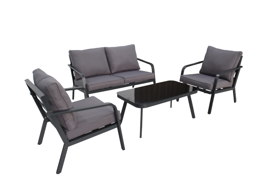 Tuindeco Dominica loungeset 4-delig zwart aluminium met antraciet kussens