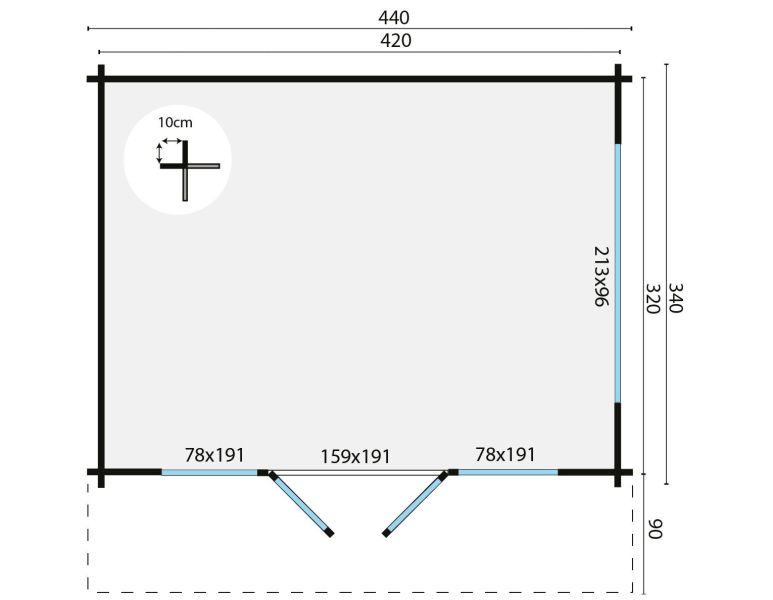 Tuindeco Blackpool blokhut 440x340 cm + luifel 90 cm 58 mm vuren grijs geïmpregneerd