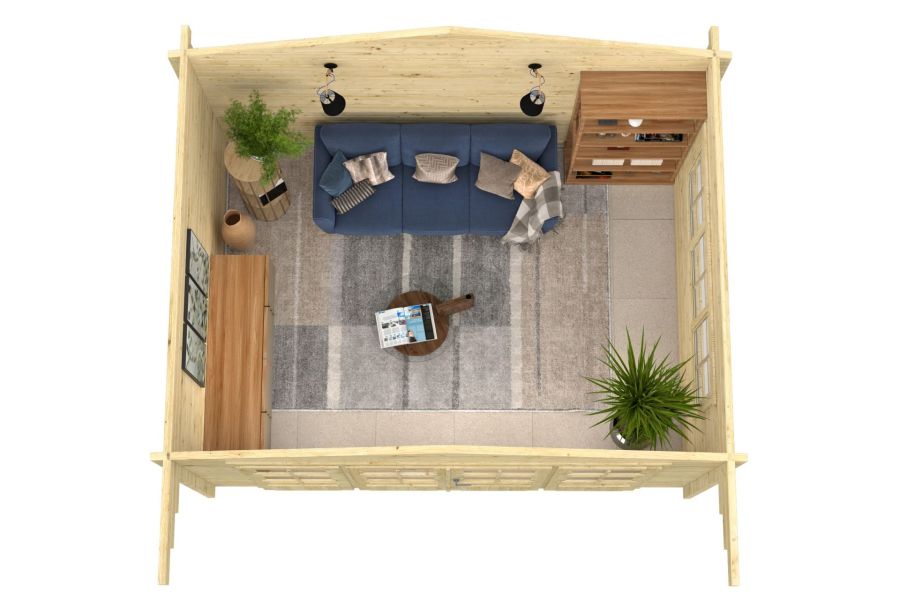 Tuindeco Blackpool blokhut 440x340 cm + luifel 90 cm 58 mm vuren grijs geïmpregneerd