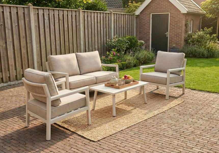 Tuindeco Jamaica loungeset 4-delig wit aluminium met witte kussens