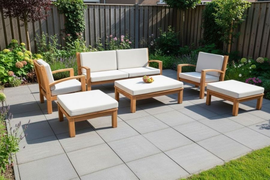 Tuindeco Tambora loungeset 6-delig onbehandeld, geschaafd teak, incl. taupe kussens