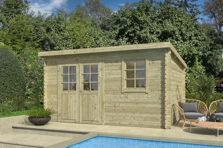 Outdoor Life Amira Blokhut 400x295 cm 28 mm vuren groen geïmpregneerd incl. composiet funderingsbalken, EPDM-dakbedekking en ventilatieroosters - 1 stuk voor deze prijs!