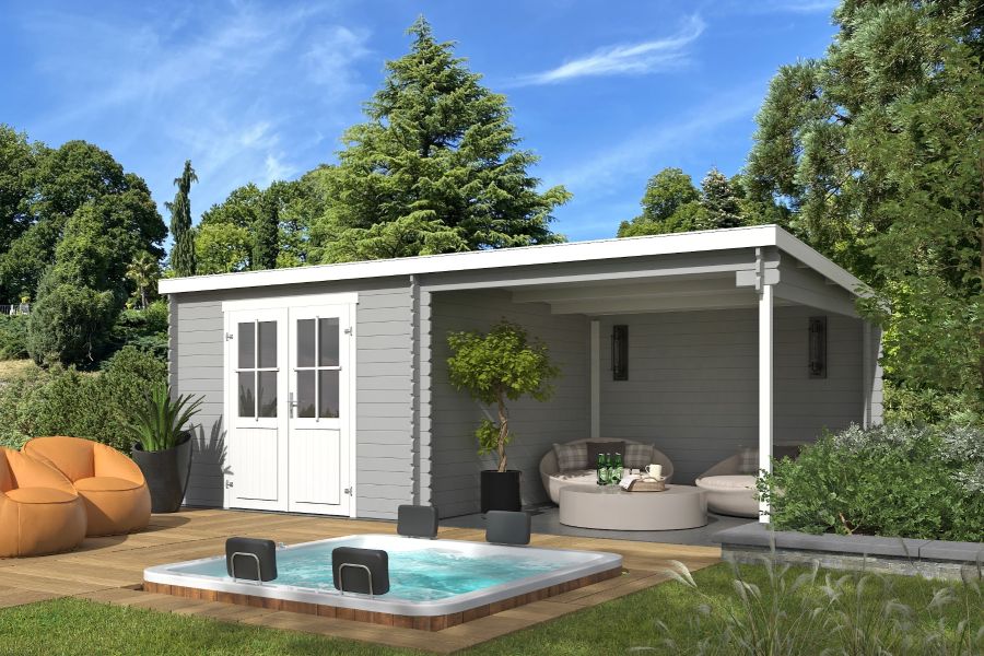 Outdoor Life Orlando Blokhut 601,2x312 cm 28 mm vuren Platinum Grey-Wit gecoat