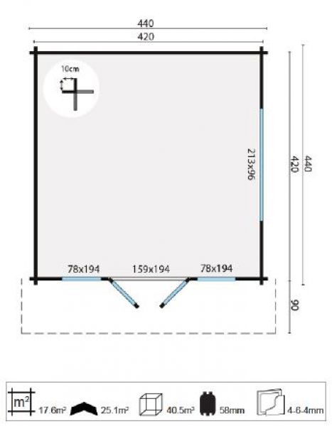 Blokhut Derby 440x440 cm - honing geïmpregneerd