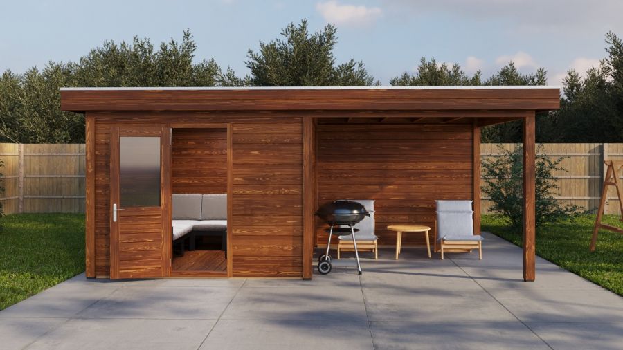 Lugarde Select Modern tuinhuis met overkapping Nunspeet 300x300cm + 300cm - Bruine olie