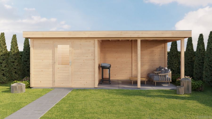 Lugarde Select Modern tuinhuis met overkapping Lelystad 300x300cm + 400cm - Onbehandeld