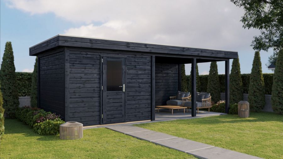 Lugarde Select Lelystad Modern tuinhuis 300x300 cm + overkapping 400 cm 28 mm vuren zwart geolied