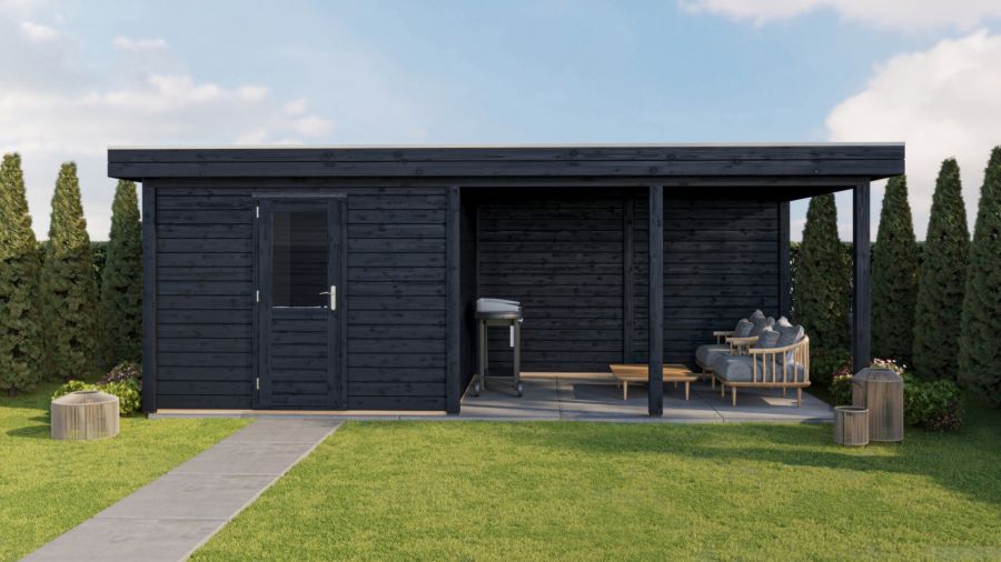 Lugarde Select Lelystad Modern tuinhuis 300x300 cm + overkapping 400 cm 28 mm vuren zwart geolied