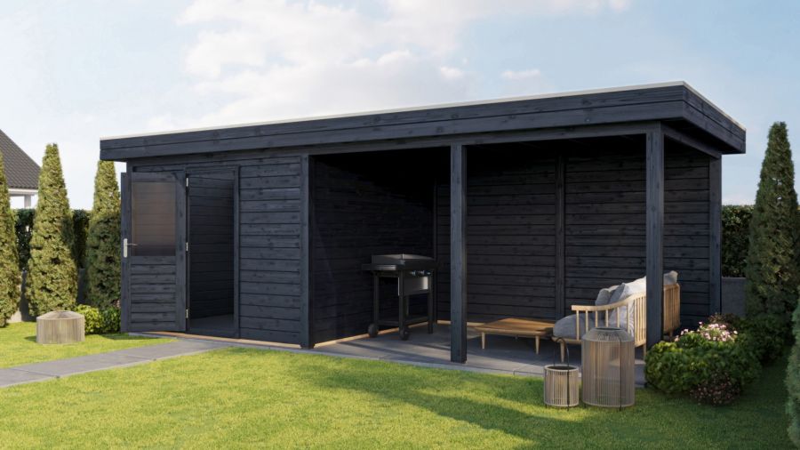 Lugarde Select Lelystad Modern tuinhuis 300x300 cm + overkapping 400 cm 28 mm vuren zwart geolied