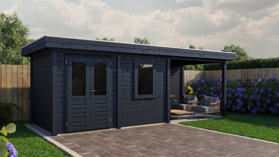Lugarde Select Modern tuinhuis met overkapping Neerkant 388x250cm + 300cm - Zwarte olie