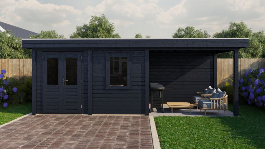 Lugarde Select Modern tuinhuis met overkapping Neerkant 388x250cm + 300cm - Zwarte olie