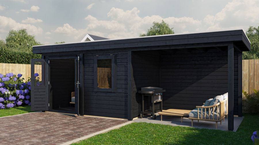 Lugarde Select Modern tuinhuis met overkapping Neerkant 388x250cm + 300cm - Zwarte olie