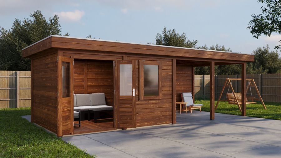 Lugarde Select Modern tuinhuis met overkapping Zutphen 388x300cm + 400cm - Bruine olie
