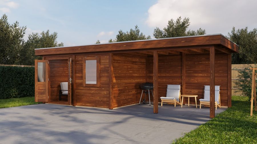 Lugarde Select Modern tuinhuis met overkapping Zutphen 388x300cm + 400cm - Bruine olie