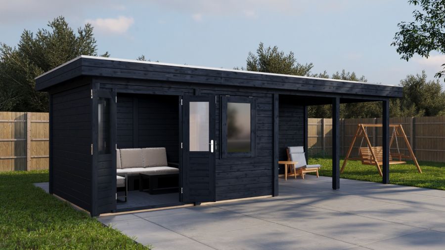 Lugarde Select Modern tuinhuis met overkapping Zutphen 388x300cm + 400cm - Zwarte olie
