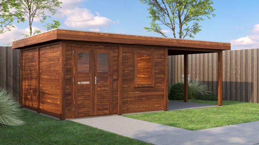 Lugarde Select Modern tuinhuis met overkapping Almere 388x388cm + 300cm - Bruine olie