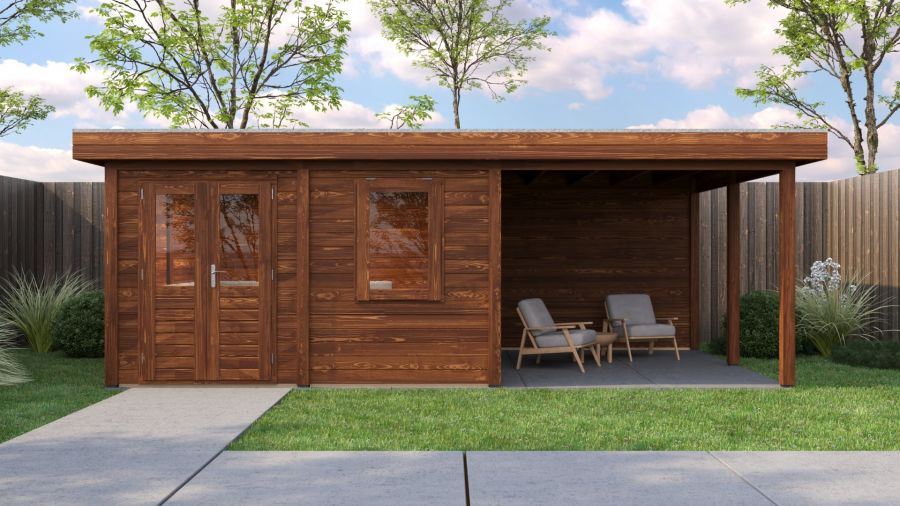 Lugarde Select Modern tuinhuis met overkapping Almere 388x388cm + 300cm - Bruine olie