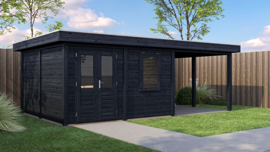 Lugarde Select Modern tuinhuis met overkapping Almere 388x388cm + 300cm - Zwarte olie