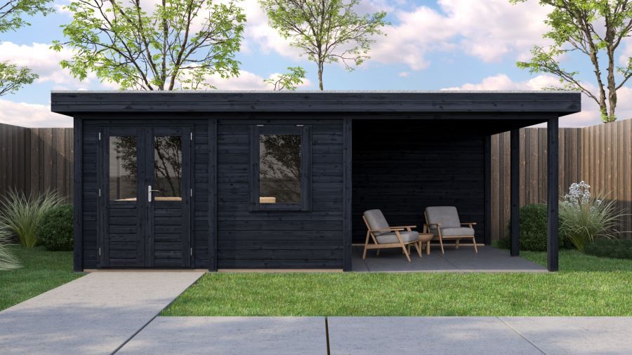 Lugarde Select Modern tuinhuis met overkapping Almere 388x388cm + 300cm - Zwarte olie