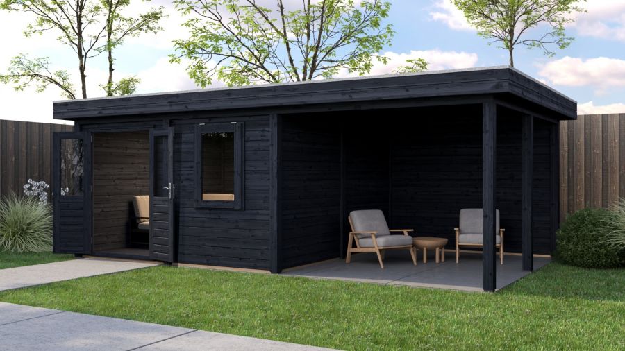 Lugarde Select Modern tuinhuis met overkapping Almere 388x388cm + 300cm - Zwarte olie