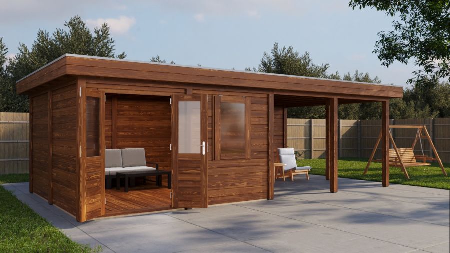 Lugarde Select Modern tuinhuis met overkapping Amstelveen 388x388cm + 400cm - Bruine olie