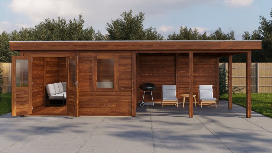 Lugarde Select Modern tuinhuis met overkapping Amstelveen 388x388cm + 400cm - Bruine olie