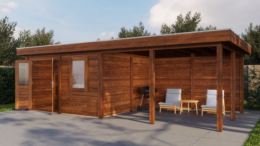 Lugarde Select Modern tuinhuis met overkapping Amstelveen 388x388cm + 400cm - Bruine olie