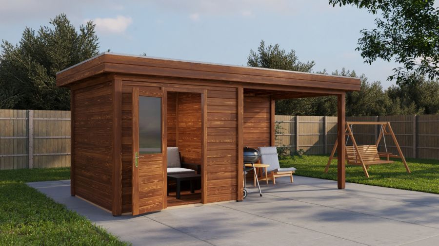 Lugarde Select Modern tuinhuis met overkapping Vught 250x250cm + 300cm - Bruine olie