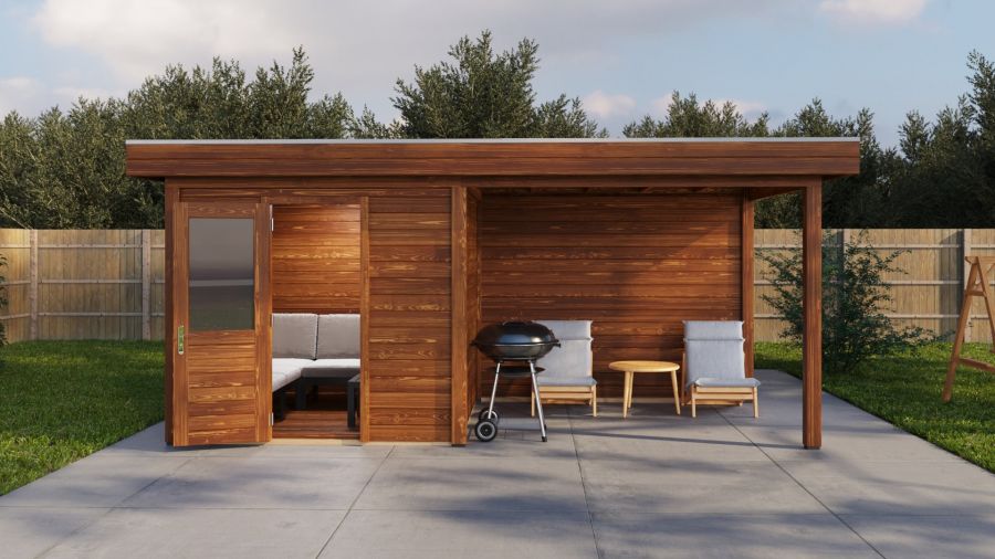 Lugarde Select Modern tuinhuis met overkapping Vught 250x250cm + 300cm - Bruine olie