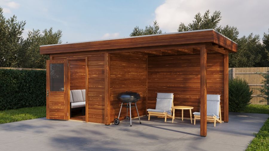 Lugarde Select Modern tuinhuis met overkapping Vught 250x250cm + 300cm - Bruine olie