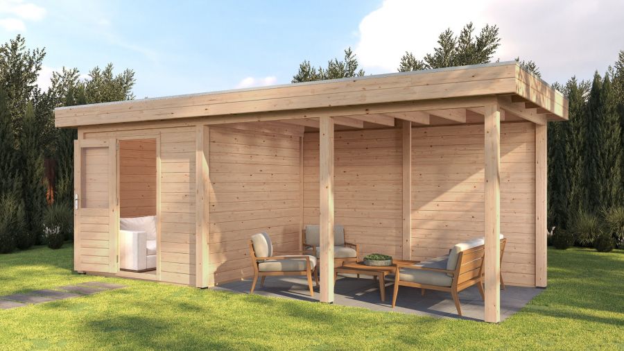 Lugarde Select Modern tuinhuis met overkapping Dordrecht 250x250cm + 400cm - Onbehandeld