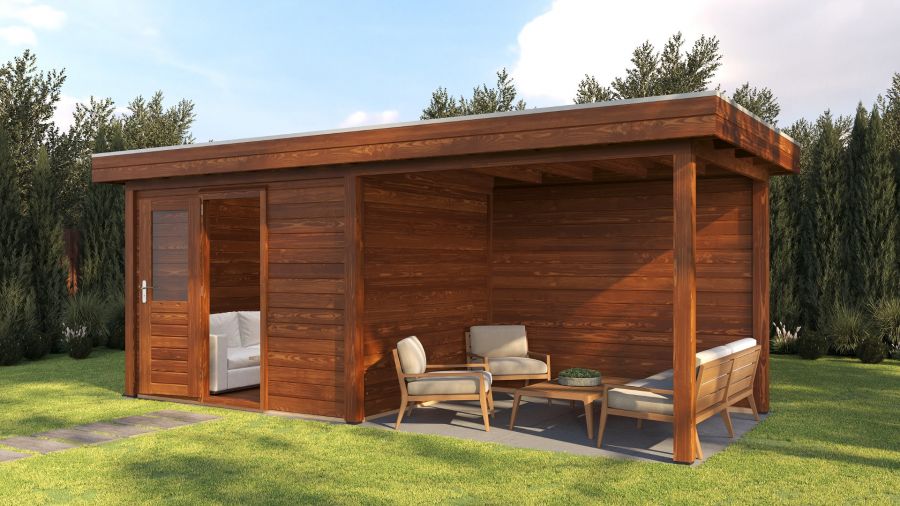 Lugarde Select Modern tuinhuis met overkapping Tilburg 300x250cm + 300cm - Bruine olie