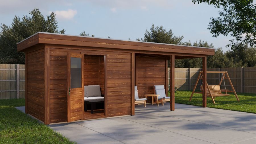 Lugarde Select Modern tuinhuis met overkapping Apeldoorn 300x250cm + 400cm - Bruine olie