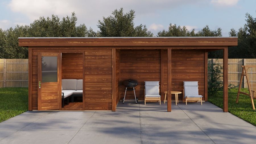 Lugarde Select Modern tuinhuis met overkapping Apeldoorn 300x250cm + 400cm - Bruine olie