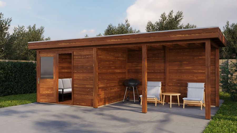 Lugarde Select Modern tuinhuis met overkapping Apeldoorn 300x250cm + 400cm - Bruine olie