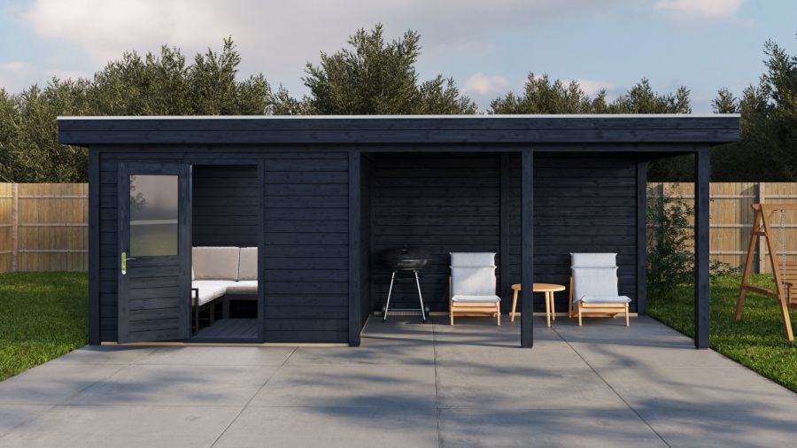 Lugarde Select Modern tuinhuis met overkapping Apeldoorn 300x250cm + 400cm - Zwarte olie
